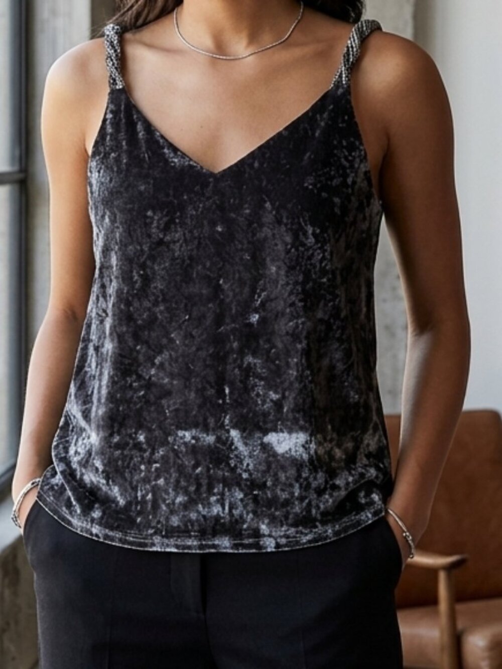 Artistic Works by Lu - Crushed Velour Spaghetti Straps,  Layered Gray Size S